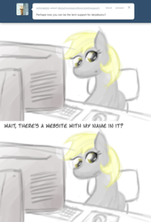 Size: 800x1174 | Tagged: safe, artist:feather, derpy hooves, pegasus, pony, derpibooru, g4, ask, chair, comic, computer, derpy hooves tech support, female, mare, mousepad, office chair, simple background, sitting, solo, tumblr, white background, wings