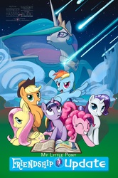 Size: 729x1100 | Tagged: safe, artist:tswt, applejack, fluttershy, pinkie pie, princess celestia, rainbow dash, rarity, twilight sparkle, alicorn, earth pony, pegasus, pony, unicorn, comic:friendship update, g4, comic, cover art, female, mane six, mare, shooting star