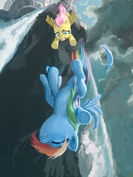 Size: 720x960 | Tagged: safe, artist:tswt, fluttershy, rainbow dash, pegasus, pony, g4, cliff, cloud, cloudy, duo, duo female, falling, female, flying, knockout, mare, outdoors, sad, sky, unconscious, vertigo, worried