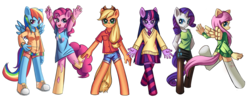 Size: 1892x773 | Tagged: safe, artist:mewball, applejack, fluttershy, pinkie pie, rainbow dash, rarity, twilight sparkle, butterfly, earth pony, pegasus, unicorn, anthro, unguligrade anthro, g4, 2010s, 2012, apple, arms in the air, blonde mane, blue eyes, blue fur, blue wings, clothes, compression shorts, cowboy hat, cowgirl, denim shorts, diamonds, female, food, green eyes, hand on hip, happy, hat, high socks, horn, mane six, mare, multicolored hair, multicolored mane, multicolored tail, open mouth, pantyhose, pink eyes, pink fur, pink mane, pink tail, ponytail, purple eyes, purple fur, purple mane, purple tail, rainbow hair, rainbow tail, serious, shoes, shorts, simple background, skirt, smiling, sneakers, sweater, sweatershy, t-shirt, tail, tank top, tights, transparent background, wings, yellow fur