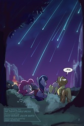Size: 720x1080 | Tagged: safe, artist:tswt, applejack, fluttershy, pinkie pie, twilight sparkle, earth pony, pegasus, pony, unicorn, comic:friendship update, g4, canterlot, comic, female, mare, meteor shower, night, outdoors, rear view, shooting star, shooting stars, stargazing