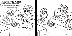 Size: 1890x945 | Tagged: safe, artist:megasweet, bon bon, lyra heartstrings, sweetie drops, earth pony, pony, unicorn, g4, artifact, book, comic, couch, dialogue, female, human behavior, lineart, mare, meme, monochrome, prone, remote, sitting, sitting lyra, speech bubble, television