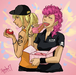 Size: 600x596 | Tagged: safe, artist:spader7, applejack, pinkie pie, human, g4, abstract background, apple, cake, female, food, humanized, sukeban