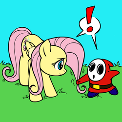 Size: 945x945 | Tagged: safe, artist:megasweet, fluttershy, pegasus, pony, shy guy, g4, crossover, female, fluttershy guy, fluttershy is not amused, grass, hair pulling, male, mare, mario, super mario bros., unamused