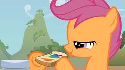 Size: 800x450 | Tagged: safe, screencap, scootaloo, pegasus, pony, family appreciation day, g4, bread, female, filly, lidded eyes, mid-blink screencap, solo, tongue out, zap apple jam