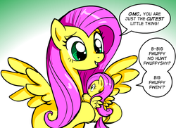 Size: 640x465 | Tagged: safe, artist:marcusmaximus, fluttershy, fluffy pony, pegasus, pony, g4, bipedal, cute, female, fluffy pony original art, fluffyshy, gradient background, grin, holding, holding a pony, hoof hold, mare, open mouth, self ponidox, smiling, spread wings