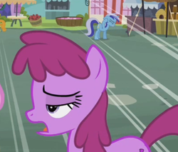 Size: 501x426 | Tagged: safe, screencap, berry punch, berryshine, carrot top, golden harvest, minuette, earth pony, pony, unicorn, g4, ponyville confidential, season 2, animation error, cropped, female, mare, open mouth, solo focus, they just didn't care, wrong eye color
