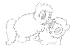 Size: 730x495 | Tagged: artist needed, source needed, safe, fluffy pony, cute, daaaaaaaaaaaw, duo, eyelashes, fluffy pony original art, happy, looking at each other, looking at someone, monochrome, open mouth, open smile, sketch, smiling, smiling at each other, traditional art