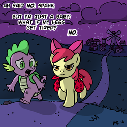 Size: 945x945 | Tagged: safe, artist:megasweet, apple bloom, spike, dragon, earth pony, pony, g4, angry, apple bloom is not amused, backpack, comic, complaining, duo, female, filly, implied shipping, implied spikebloom, male, night, saddle bag, walking, windmill