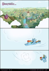 Size: 1000x1450 | Tagged: dead source, safe, artist:pinkanon, rainbow dash, pegasus, pony, comic:cupcakes the comic, fanfic:cupcakes, g4, comic, female, flying, mare, ponyville, solo