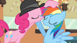 Size: 800x450 | Tagged: safe, screencap, pinkie pie, rainbow dash, earth pony, pegasus, pony, g4, mmmystery on the friendship express, season 2, duckface, eyes closed, female, hat, imminent kissing, mare, out of context