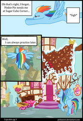 Size: 1000x1450 | Tagged: dead source, safe, artist:pinkanon, rainbow dash, pegasus, pony, comic:cupcakes the comic, fanfic:cupcakes, g4, comic, female, flying, mare, solo, sugarcube corner