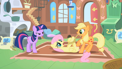 Size: 1600x900 | Tagged: safe, screencap, applejack, fluttershy, twilight sparkle, earth pony, pegasus, pony, unicorn, g4, season 2, the return of harmony, female, fluttershy's cottage, hogtied, indoors, lidded eyes, mare, out of context, rope, tied up, unicorn twilight, wallpaper