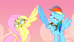 Size: 1280x720 | Tagged: safe, screencap, fluttershy, rainbow dash, pegasus, pony, g4, hurricane fluttershy, season 2, duo, eyes closed, female, flying, goggles, grin, high wing, lidded eyes, mare, open mouth, out of context, smiling, spread wings, wingboner