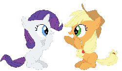 Size: 535x314 | Tagged: safe, artist:tomdantherock, applejack, rarity, earth pony, pony, unicorn, g4, animated, blinking, duo, female, filly, foal, gif, hat, hoofbump, looking at each other, missing freckles, pattycakes, simple background, sitting, smiling, transparent background, younger
