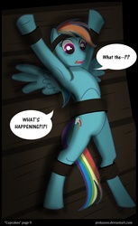 Size: 1000x1630 | Tagged: dead source, safe, artist:pinkanon, rainbow dash, pegasus, pony, comic:cupcakes the comic, fanfic:cupcakes, g4, bondage, comic, female, looking down, mare, restrained, shocked, solo, unsexy bondage