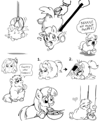 Size: 1200x1400 | Tagged: safe, artist:marcusmaximus, fluffy pony, abuse, angry, cheek puffing, comic, crying, cute, fluffy pony original art, monochrome, scrunchy face, sketties, sorry stick, spaghetti, urine