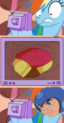 Size: 563x1078 | Tagged: safe, rainbow dash, pegasus, pony, g4, exploitable meme, female, gutsman's ass, mare, mega man (series), meme, television, tv meme