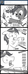 Size: 600x1600 | Tagged: safe, artist:madmax, night light, shining armor, twilight sparkle, twilight velvet, pony, unicorn, madmax silly comic shop, g4, 3 panel comic, ask, bad parenting, birth, black and white, camera, colt, comic, female, grayscale, labor, male, mare, monochrome, pregnant, scarred for life, screaming, speech bubble, stallion, traumatized, tumblr, younger