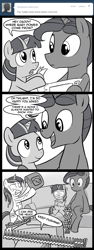 Size: 600x1600 | Tagged: safe, artist:madmax, night light, shining armor, twilight sparkle, pony, unicorn, madmax silly comic shop, g4, 3 panel comic, ask, bad parenting, bipedal, colt, comic, couch, father and child, father and daughter, female, filly, filly twilight sparkle, gallows humor, gasoline, grayscale, imminent grimdark, imminent suicide, implied birth, male, monochrome, scared, sex education, speech bubble, stallion, traumatized, younger