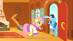 Size: 1366x768 | Tagged: safe, screencap, fluttershy, rainbow dash, pegasus, pony, g4, hurricane fluttershy, cap, coach rainbow dash, duo, female, fluttershy's cottage, hat, indoors, mare, pony pox, rainbow dashs coaching whistle, whistle, whistle necklace, youtube caption, youtube link