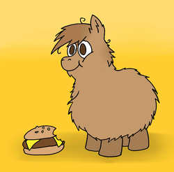 Size: 1405x1385 | Tagged: safe, artist:coalheart, fluffy pony, pony, burger, fluffy pony original art, hamburger, ponies eating meat, solo