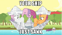 Size: 480x270 | Tagged: safe, edit, edited screencap, screencap, scootaloo, sweetie belle, pegasus, pony, unicorn, g4, ponyville confidential, season 2, all new, animated, anti-shipping, caption, female, filly, foal, frown, gif, horn, hub logo, image macro, logo, looking back, meme, newspaper, paper boat, pun, sad, ship sinking, sinking, sinking ship, text, the hub, water