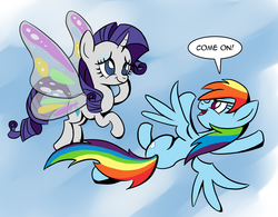 Size: 2159x1684 | Tagged: dead source, safe, artist:bronycurious, rainbow dash, rarity, pegasus, pony, unicorn, g4, sonic rainboom (episode), artificial wings, augmented, duo, female, flying, gossamer wings, magic, magic wings, mare, wings