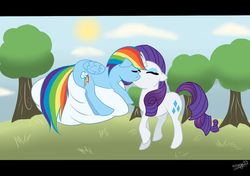 Size: 1280x900 | Tagged: safe, artist:katsuya93, rainbow dash, rarity, pegasus, pony, unicorn, g4, cloud, duo, female, floppy ears, kiss on the lips, kissing, lesbian, mare, ship:raridash, shipping