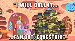 Size: 852x469 | Tagged: safe, edit, edited screencap, screencap, pinkie pie, twilight sparkle, earth pony, pony, unicorn, fallout equestria, g4, party of one, basket, book, eyes closed, female, flower, golden oaks library, image macro, mare, meme