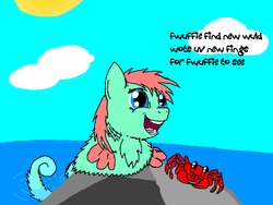Size: 800x600 | Tagged: safe, artist:fluffsplosion, crab, fluffy pony, sea pony, cloud, cloudy, fluffy pony original art, open mouth, rock, smiling, solo, sun