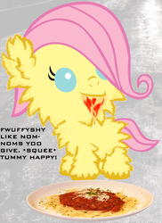 Size: 2640x3620 | Tagged: safe, artist:m1j, fluttershy, fluffy pony, pony, g4, fluffy pony foal, fluffy pony original art, fluffyshy, high res, spaghetti, squee