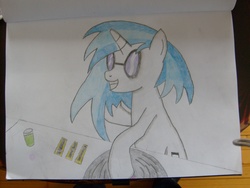 Size: 2816x2112 | Tagged: safe, artist:ponies-of-tdroid, dj pon-3, vinyl scratch, pony, unicorn, g4, disc jockey, female, high res, mare, photo, record, solo, traditional art, turntable