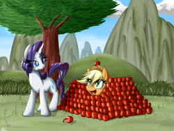 Size: 1200x900 | Tagged: safe, artist:reikomuffin, applejack, rarity, earth pony, pony, unicorn, g4, apple, apple fort, cute, duo, eye clipping through hair, female, food, fort, hnnng, jackabetes, mare, silly, silly pony, that pony sure does love apples, tree, who's a silly pony