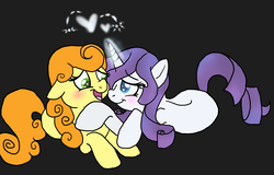 Size: 2408x1544 | Tagged: dead source, safe, artist:enigmaticfrustration, carrot top, golden harvest, rarity, earth pony, pony, unicorn, g4, blushing, crack shipping, female, floppy ears, lesbian, mare, prone, rarepair, ship:carrity, shipping, simple background