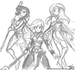 Size: 1280x1200 | Tagged: safe, artist:johnjoseco, applejack, fluttershy, rarity, human, g4, armor, crossover, female, final fantasy, glaive, grayscale, humanized, monochrome, weapon