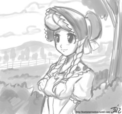 Size: 1280x1200 | Tagged: safe, artist:johnjoseco, granny smith, human, g4, female, grayscale, hood, humanized, monochrome, solo, young, younger