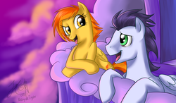 Size: 1800x1050 | Tagged: safe, artist:cat-cly, soarin', spitfire, pegasus, pony, g4, balcony, cloud, duo, female, male, mare, smiling, stallion