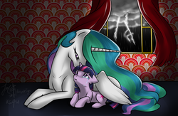 Size: 1283x836 | Tagged: safe, artist:bri-sta, artist:cat-cly, princess celestia, twilight sparkle, alicorn, pony, unicorn, g4, crying, female, filly, foal, frown, lightning, looking up, mare, missing accessory, momlestia, nuzzling, prone, sad, scared, storm, window, wing blanket