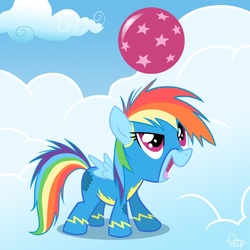 Size: 792x792 | Tagged: safe, artist:yikomega, rainbow dash, pegasus, pony, g4, ball, cloud, female, filly, filly rainbow dash, foal, hooves, on a cloud, solo, spread wings, standing on a cloud, wings, wonderbolts uniform, younger