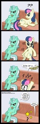 Size: 650x2000 | Tagged: safe, artist:niban-destikim, bon bon, lyra heartstrings, sweetie drops, earth pony, pony, unicorn, g4, belly, bench, bon bon is not amused, comic, duo, duo female, epic fail, fail, failure, female, hoof on belly, mare, open mouth, sitting, sitting lyra, tongue out, unamused