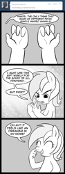 Size: 600x1600 | Tagged: safe, artist:madmax, lyra heartstrings, semi-anthro, madmax silly comic shop, g4, 3 panel comic, ask, comic, female, hand, missing horn, monochrome, nose picking, solo, speech bubble