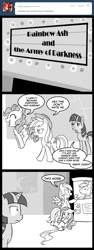 Size: 600x1600 | Tagged: safe, artist:madmax, applejack, carrot cake, fluttershy, pinkie pie, rainbow dash, twilight sparkle, earth pony, pegasus, pony, unicorn, madmax silly comic shop, g4, army of darkness, butt, comic, dragging, female, mare, monochrome, movie, plot, pronking