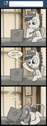 Size: 600x1600 | Tagged: safe, artist:madmax, oc, oc only, oc:squeak, earth pony, pony, madmax silly comic shop, blinds, comic, computer, facedesk, hat, laptop computer, male, necktie, ponysona, sleeping, stallion, zzz