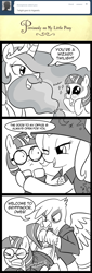 Size: 600x1766 | Tagged: safe, artist:madmax, gilda, princess celestia, trixie, twilight sparkle, alicorn, griffon, pony, unicorn, madmax silly comic shop, g4, beard, clothes, comic, facial hair, female, filly, glasses, harry potter (series), hogwarts, mare, panties, underwear, wedgie