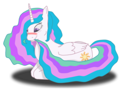 Size: 1100x800 | Tagged: safe, artist:virenth, princess celestia, alicorn, pony, g4, blushing, female, mare, missing accessory, nom, prone, simple background, smiling, solo, tail bite, transparent background