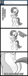 Size: 600x1600 | Tagged: safe, artist:madmax, rarity, pony, unicorn, madmax silly comic shop, g4, bipedal, butt, comic, female, mare, monochrome, neon genesis evangelion, plot, plugsuit, rearity, skintight clothes, solo, the ass was fat, tumblr