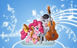 Size: 1680x1050 | Tagged: safe, artist:don-ko, octavia melody, pinkie pie, earth pony, pony, g4, abstract background, cello, cymbals, duo, female, harmonica, mare, music notes, musical instrument, tuba, wallpaper