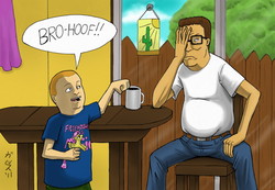 Size: 993x688 | Tagged: safe, artist:garth2the2ndpower, fluttershy, human, g4, bobby hill, clothes, duo, duo male, facepalm, father and child, father and son, glasses, hank hill, jeans, king of the hill, male, man, pants, shirt, t-shirt