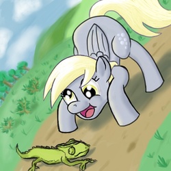 Size: 600x600 | Tagged: safe, artist:osakaoji, derpy hooves, chameleon, pegasus, pony, g4, crouching, dirt road, duo, dutch angle, female, joy, mare, open mouth, outdoors, pet, smiling, solo focus